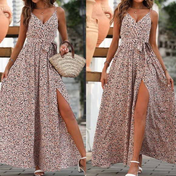 Boho Flor print slit thigh belted cami maxi dress - Picture 3 of 7